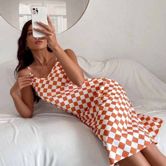 Orange and cream Plaid Print Cami Slip Dress - Picture 2 of 8